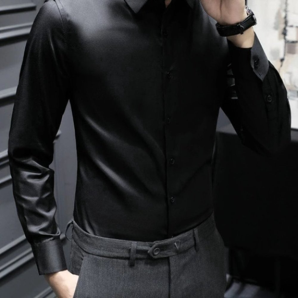 Black Work Style Men's Satin Shirt - Picture 6 of 8